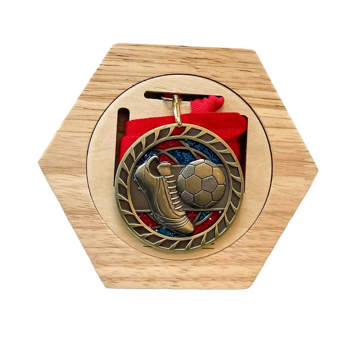Sports-themed medal with hexagonal wooden holder on a white background
